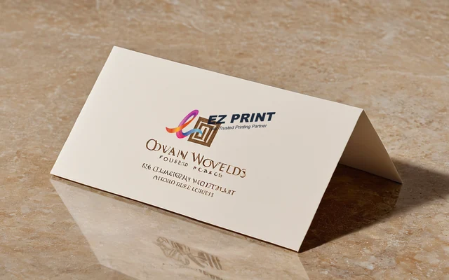 Folded name cards standing upright with crisp centre crease, with the EZ Print logo.