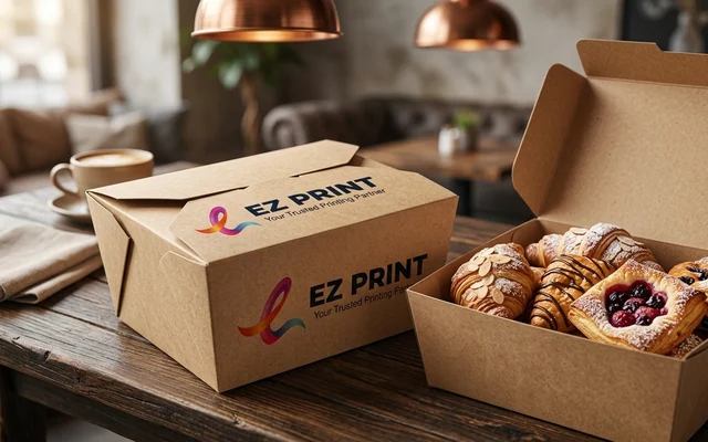 Takeaway food packaging boxes in grease-resistant food-safe board, with the EZ Print logo.