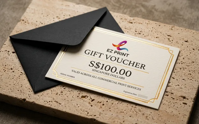 Gift vouchers with perforated stub and numbered sequence, with the EZ Print logo.