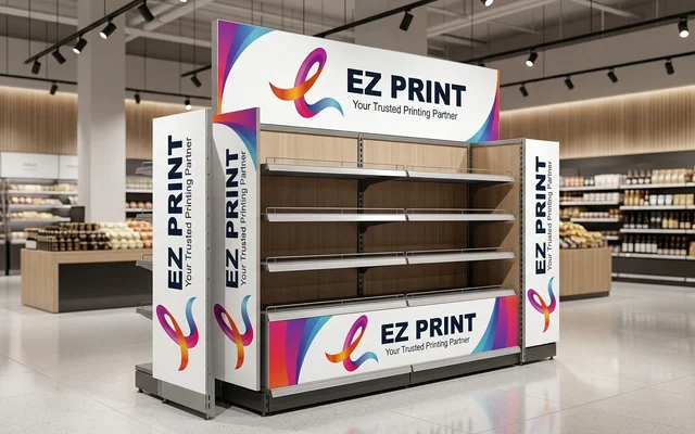 Gondola wraps dressing retail supermarket endcap displays, with the EZ Print logo.