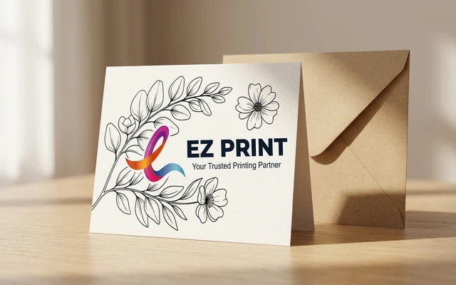 Folded greeting cards printed on textured cardstock with blank interior, with the EZ Print logo.