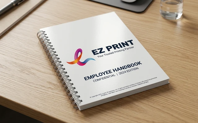 Corporate handbooks with durable wire-o or perfect binding, with the EZ Print logo.