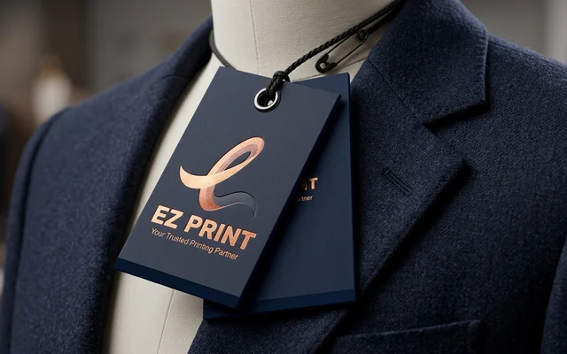 Luxury garment hang tags with punched eyelet and string attachment, with the EZ Print logo.