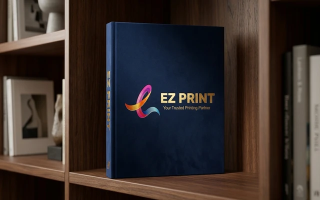 Hardcover books with case-bound spine and matte finish, with the EZ Print logo.