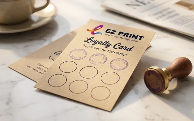 Loyalty stamp cards with uncoated stamp grid boxes, with the EZ Print logo.
