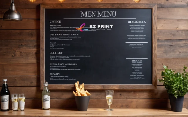 Menu boards mounted above a cafe serving counter, with the EZ Print logo.
