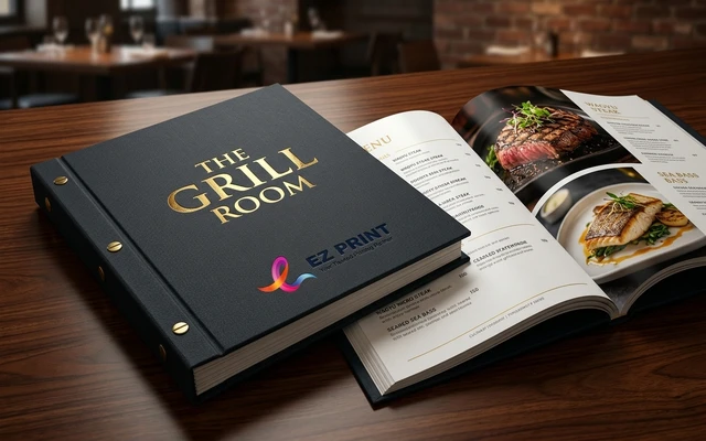 Hardcover dining menu books with screw-post or ring-bound page inserts, with the EZ Print logo.