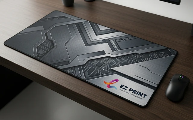 Custom printed mouse pads with non-slip textured rubber base, with the EZ Print logo.