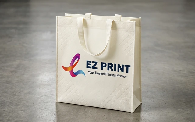Eco-friendly non-woven shopping bags with ultrasonic welded seams, with the EZ Print logo.