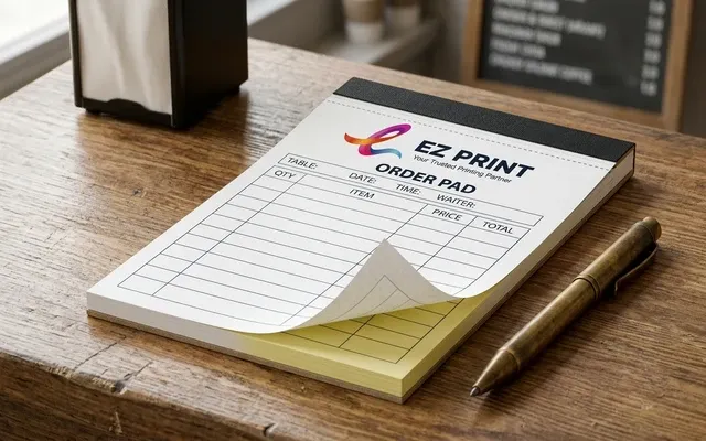 Waitstaff dining order pads with carbonless duplicate sheets, with the EZ Print logo.