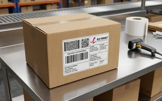 Direct thermal parcel shipping labels printed with address and barcode, with the EZ Print logo.