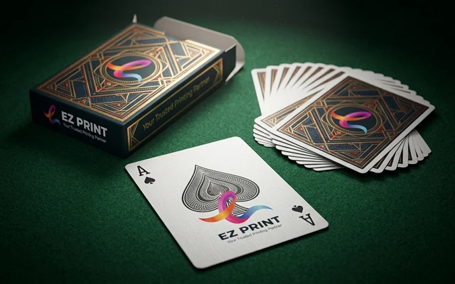 Custom printed playing cards in a tuck box with linen embossed finish, with the EZ Print logo.