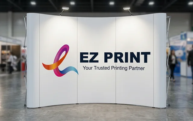 Curved pop-up display backdrops with magnetic graphic panels, with the EZ Print logo.