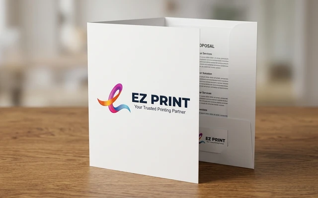 Presentation folders with interior document pockets, with the EZ Print logo.