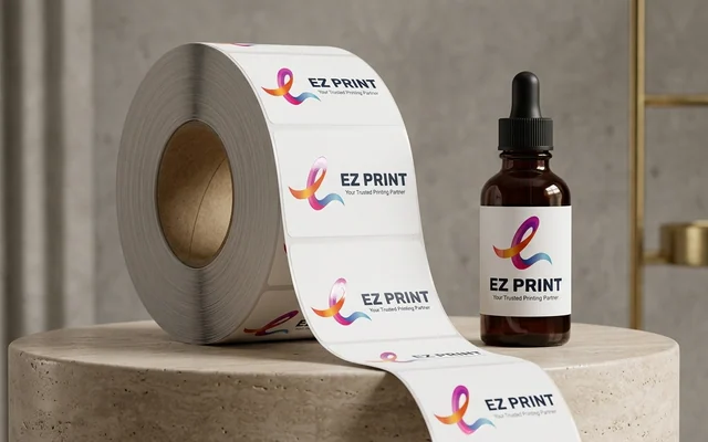 Roll-fed product labels applied to bottles and cosmetic jars, with the EZ Print logo.