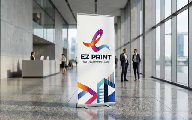 Retractable pull-up banners with aluminium cassette and support pole, with the EZ Print logo.