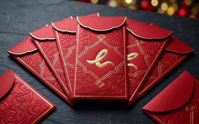 Chinese New Year red packets (ang bao) with gold foil embossing, with the EZ Print logo.