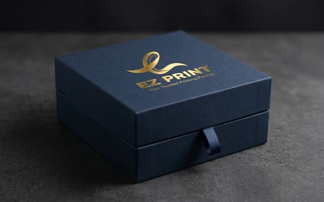 Premium rigid gift boxes with magnetic lid closure, with the EZ Print logo.