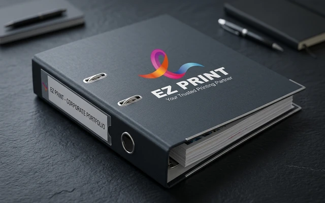 Ring binder presentation folders for corporate documentation, with the EZ Print logo.