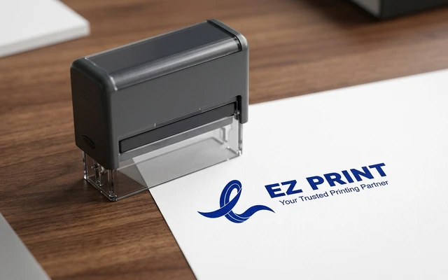 Self-inking rubber stamp with custom impression face, with the EZ Print logo.