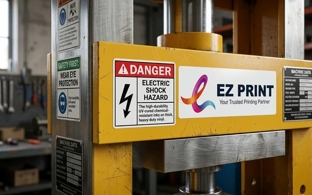 Safety stickers with hazard symbol and warning text, with the EZ Print logo.