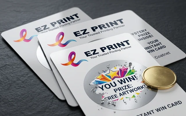 Scratch cards with scratch-off silver latex foil panels, with the EZ Print logo.