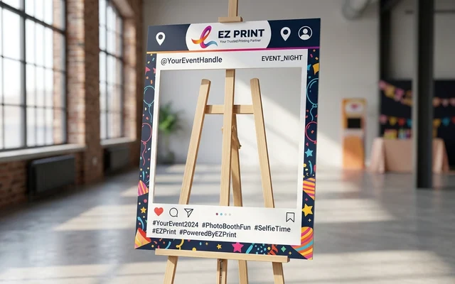 Social media selfie frames die-cut from foam board for event photos, with the EZ Print logo.