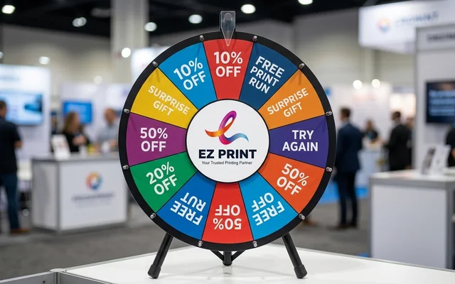 Freestanding spin wheels of fortune with prize slots and clicker indicator, with the EZ Print logo.