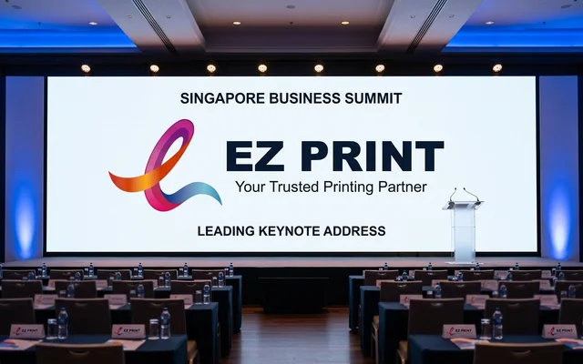 Large stage backdrops for conferences and corporate presentations, with the EZ Print logo.