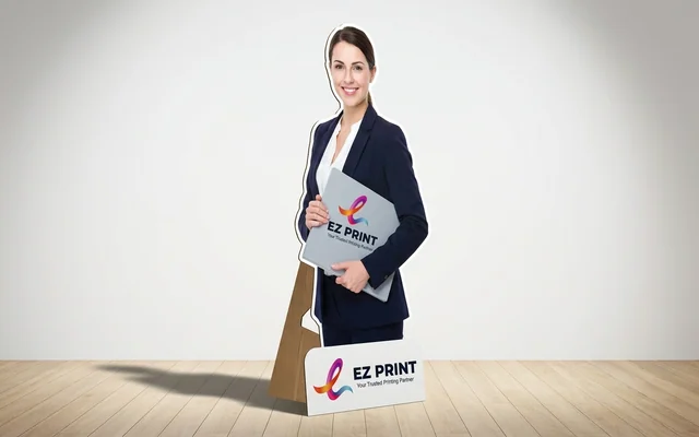 Life-size standees die-cut from rigid board with rear strut support, with the EZ Print logo.