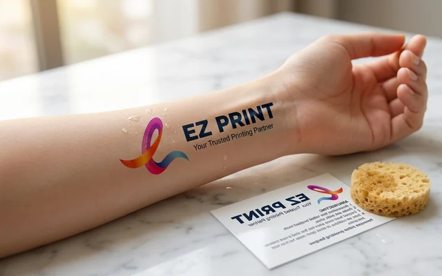 Water-slide temporary tattoos with protective film for skin application, with the EZ Print logo.