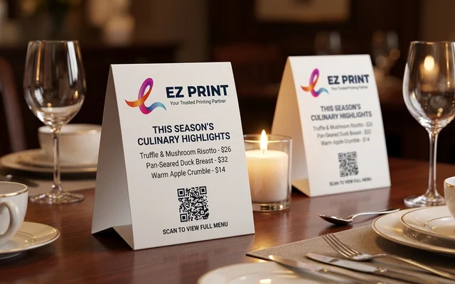Table tent cards standing upright with triangular self-standing fold, with the EZ Print logo.