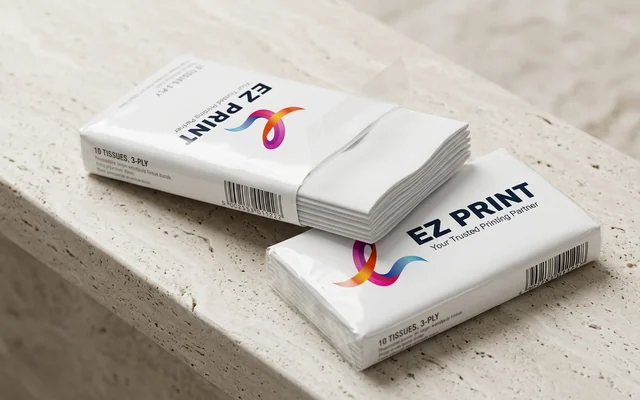 Pocket tissue packs with custom printed outer film wrapper, with the EZ Print logo.