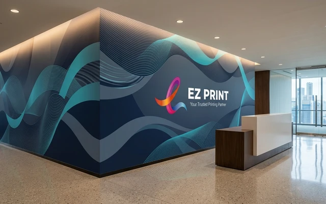 Wall mural architectural graphic panels installed on an interior wall, with the EZ Print logo.