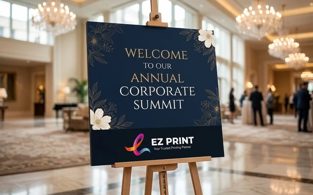 Welcome boards on rigid foam board standing on an easel, with the EZ Print logo.