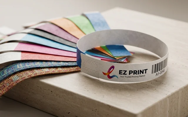 Event wristbands with tear-resistant adhesive closure, with the EZ Print logo.