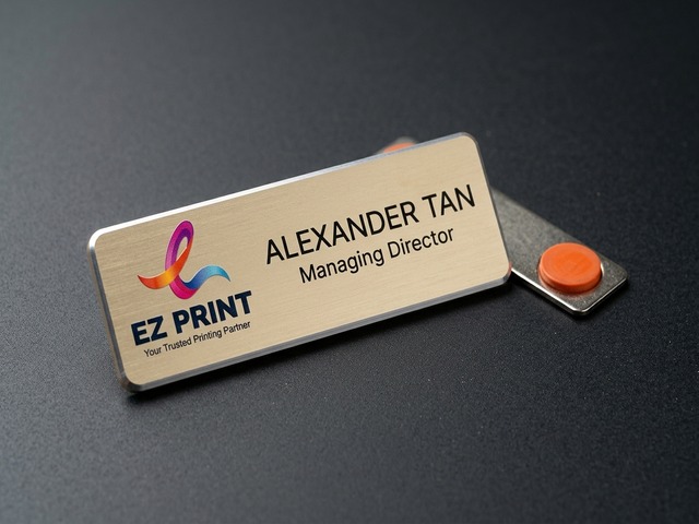 Brushed silver magnetic name badge with printed EZ Print ribbon logo and engraved name.